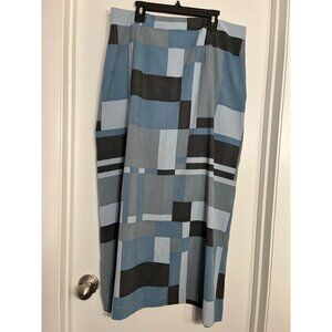 Harvé Bernard Womens Geometric Patchwork Maxi Skirt Sz 14 Blue Gray Black Vtg